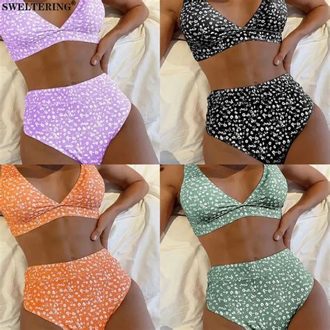 SWELTERING Women Push Up Bikini Set Sexy Slim Flower Print Female High Waist Summer Swimwear
