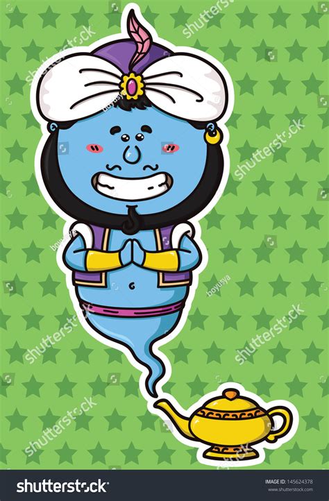 Funny Genie Vector Illustration Of Kawaii Genie And His Magic Lamp