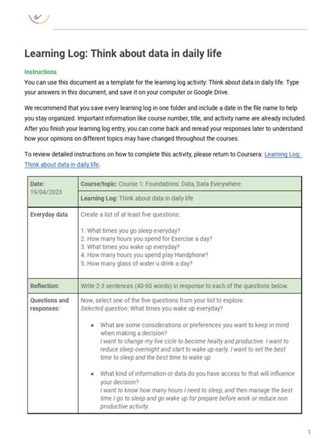 Learning Log Template Think About Data In Daily Life Pdf Data Sleep