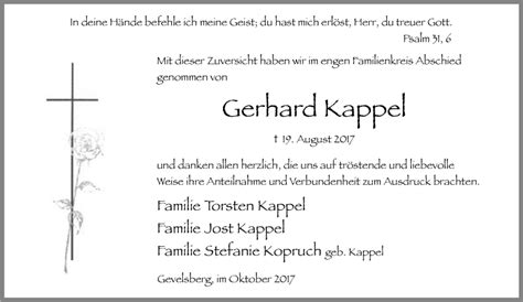 Traueranzeigen Von Gerhard Kappel Trauer In NRW De