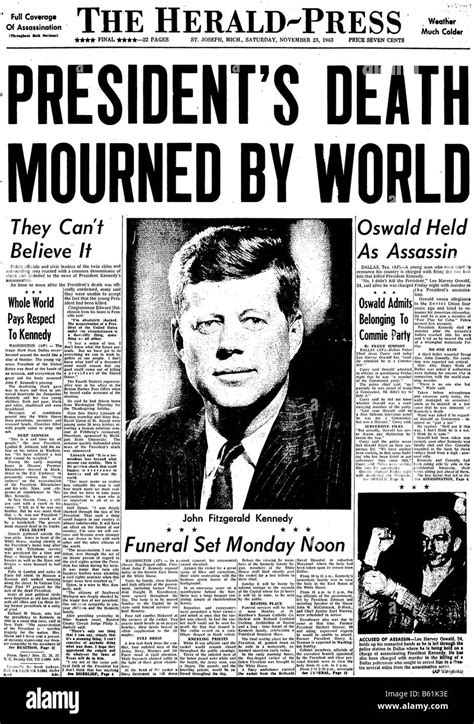 Front Page Of A 1963 Us Newspaper About The Assassination Of Jfk Stock