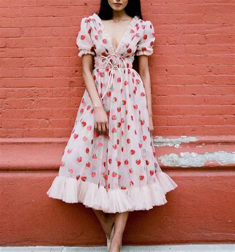 Strawberry Cottagecore Dress Casual Strawberry Floral Maxi Etsy