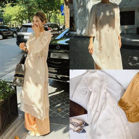 SET ÁO DÀI VOAN NUDE THÊU HOA QUẦN SUÔNG Áo dài cách tân Shopee