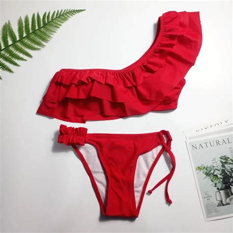 Buy One Shoulder Swimsuit Bikini Women Red Ruffles