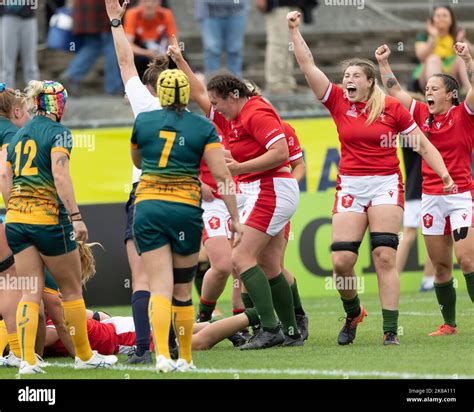 Wales Gwen Crabb Celebrates Sioned Harries Try During The Women S