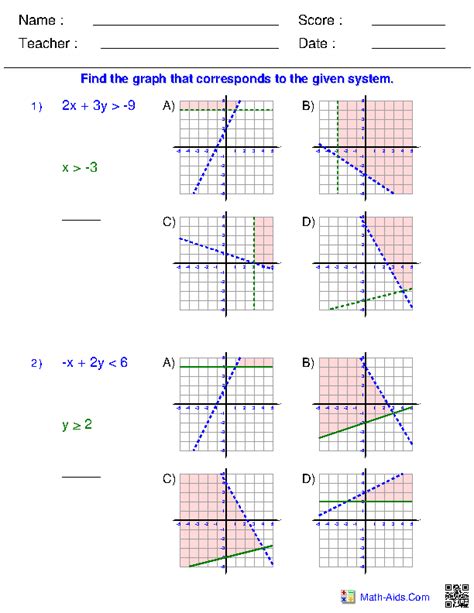 Algebra 2 Worksheets | Systems of Equations and Inequalities Worksheets