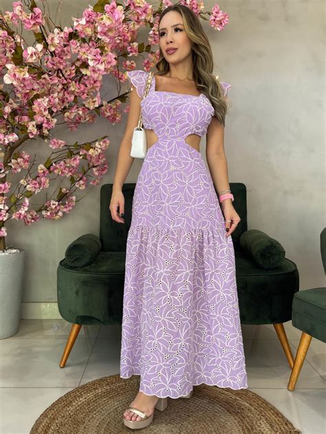 Vestido Longo Laise Alcinha Babados Vazado Floral Lil S Lavinny Store