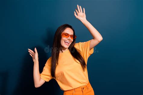 Photo Of Overjoyed Woman With Straight Hairdo Dressed Yellow T Shirt