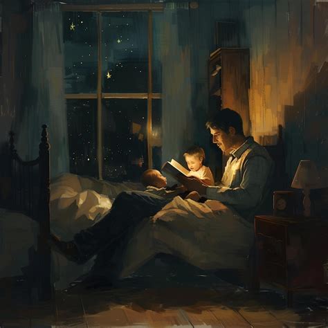 Una pintura de un hombre leyendo un libro con un niño leyendo un Libro