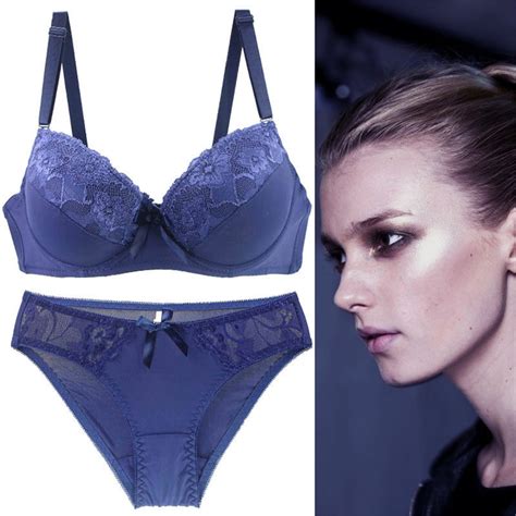 Blue Bra Brief Sets Women S Underwire Lace Bras Pu Sh Up Bra And Bikini Pan Ties Sets