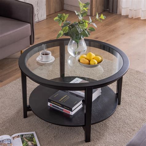 Dropship Round Glass Top Solid Wood Storage Coffee Table Black To Sell