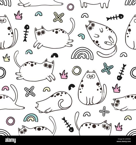 Cute Cartoon Cat Vector Icons Seamless Pattern And Background Stock