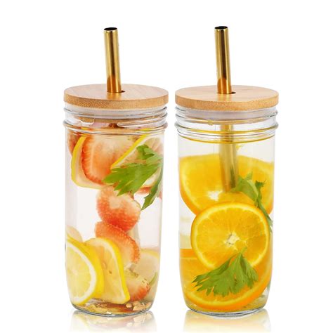 Uptrust 24 Oz Drinking Glasses Set With Bamboo Lids And Glass Straw Ideal For Cold Drinks