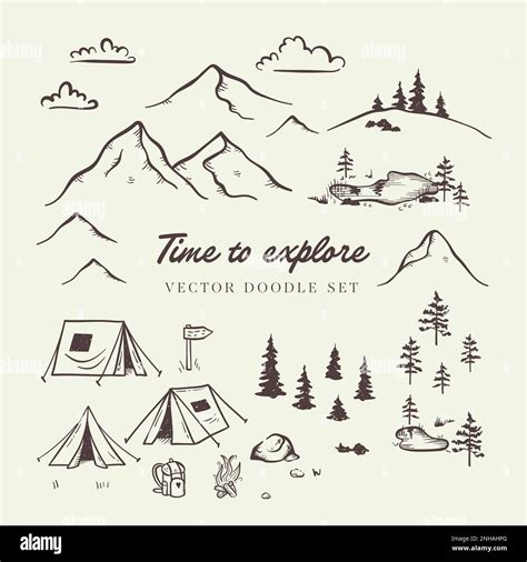 Cute Hand Drawn Vector Camping Doodles Tents Landscape Trees And