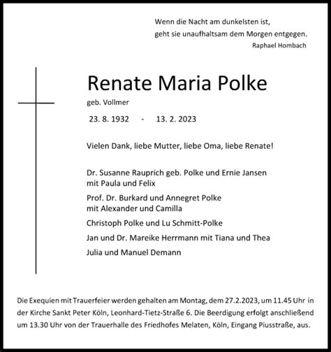 Traueranzeigen Von Renate Maria Polke Wirtrauern