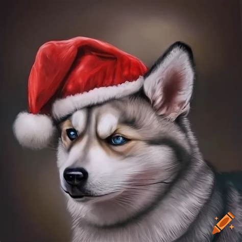 Hyper Realistic Portrait Drawing Of A Baby Husky In Santa Hat On Craiyon