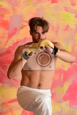 Guy With Naked Torso Wears Golden Boxing Gloves Wall Stickers