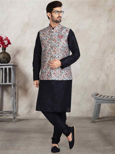 Navy Blue Art Banarasi Silk Printed Festival Wedding Sherwani