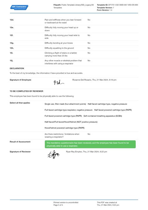 OSHA Respirator Medical Evaluation Questionnaire Form