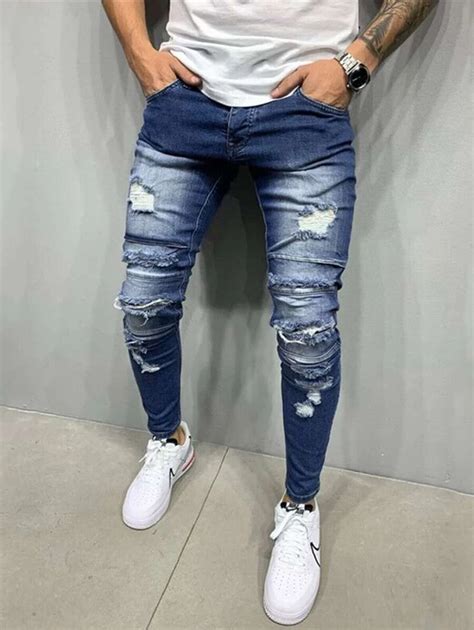 Manfinity LEGND Men Cotton Wash Ripped Skinny Jeans Slim Fit Long