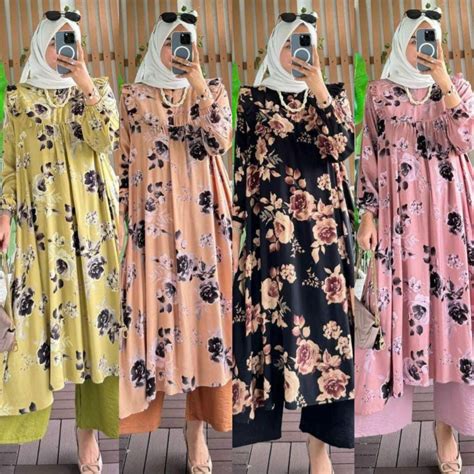 Jual Setelan Arumi Oneset Midi Long Tunik Rayon Celana Cringkle Premium