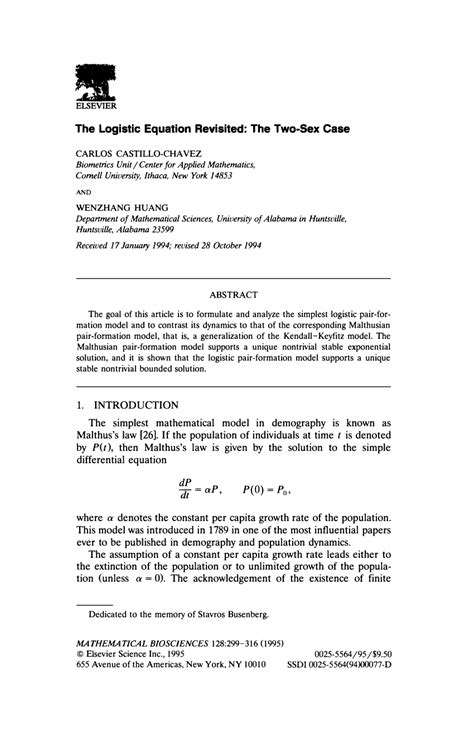 Pdf The Logistic Equation Revisited The Two Sex Case