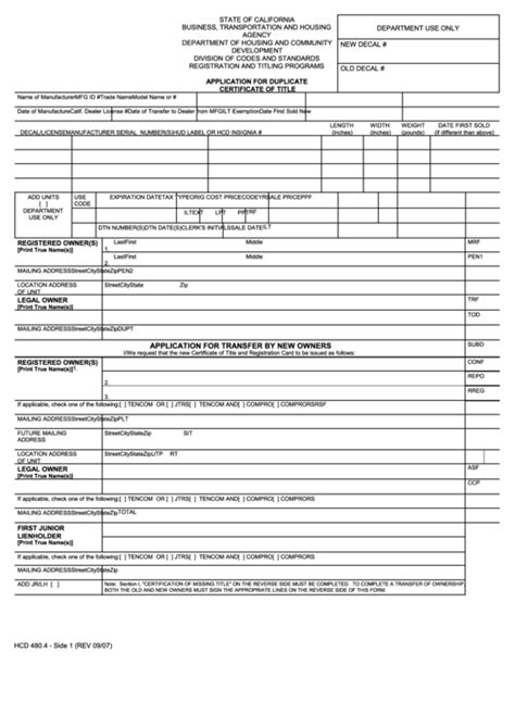 Fillable Hcd 480 Application For Duplicate Certificate Of Title