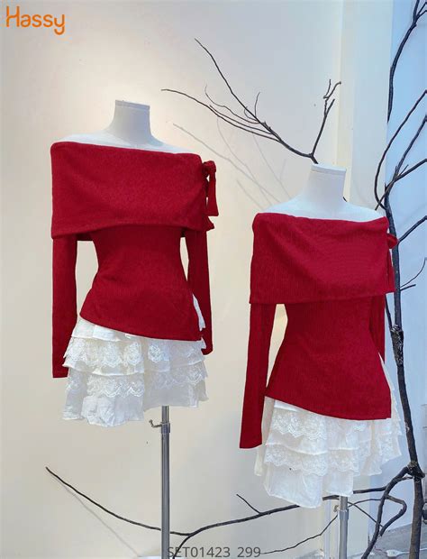 Hassy Set áo đỏ trễ vai nơ tay dài cv tầng N KT Hassy vn Thời trang nữ hot trend