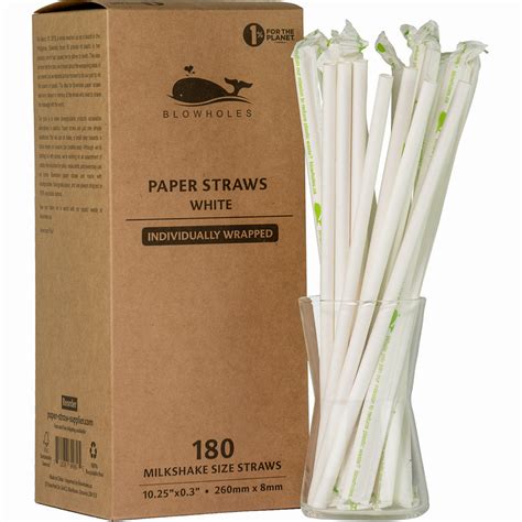 White 1025 Paper Milkshake Straws Wrapped Box Of 180 Blowholes