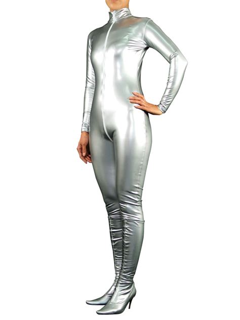 Halloween Silver Pvc Front Open Style Shiny Metallic Catsuit