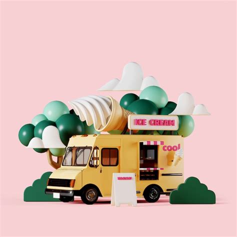 Premium Photo | Yellow ice cream truck with garden on pink background