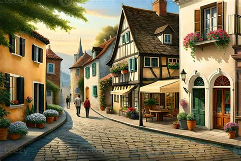 a painting of a street in europe. AI-Generated 33411780 Stock Photo at ...