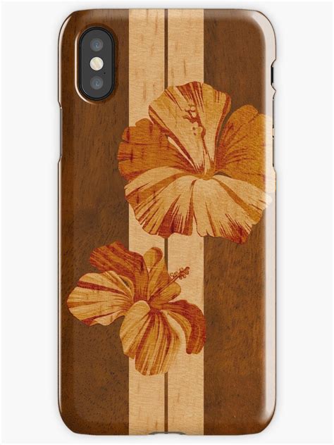 Kualoa Faux Koa Wood Hawaiian Surfboard With Hibiscus Iphone Cases