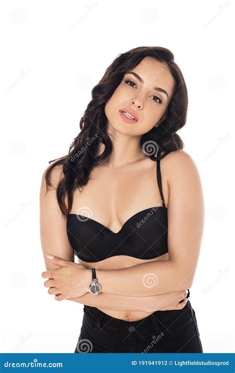 View Of Attractive Brunette Girl In Black Bra Looking At Camera Isolated On White Stock Photo