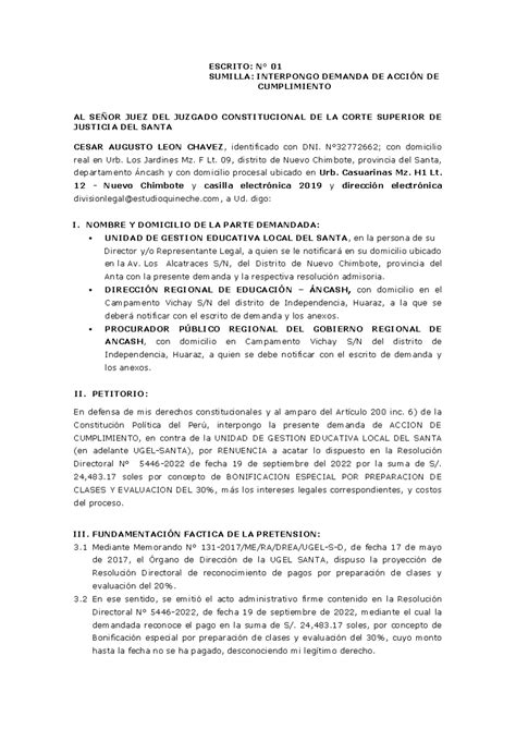 Demandad De Acción De Cumplimiento Escrito N° 01 Sumilla Interpongo