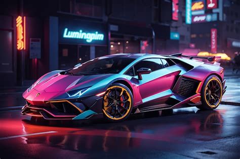 Premium Photo A Futuristic Car With A Neon Sign That Says Lamborghini