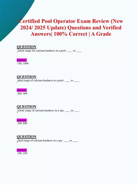 Certified Pool Operator Exam Review New 2024 2025 Update Questions