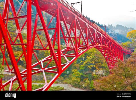 Kurobe Gorge Railway Yamabikobashi Bridge And A Trolley Train Stock