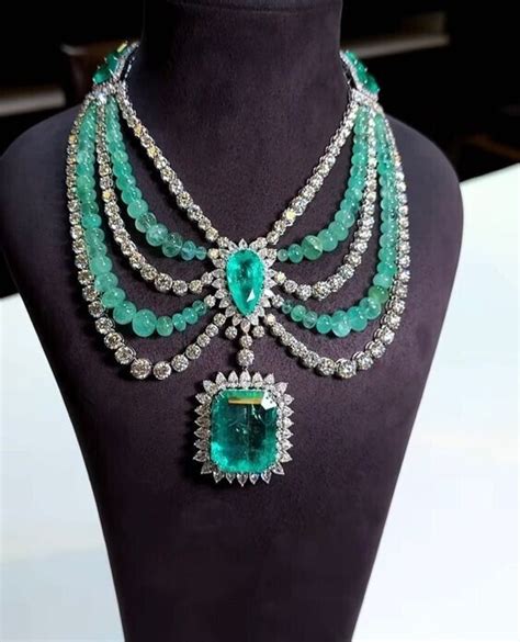 Huge Syn Emerald Multi Layered Necklace Fine Silver Glamorous High