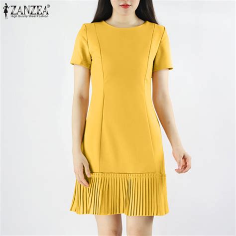 Zanzea Korean Style Women Short Sleeve Crew Neck Sundress Elegant