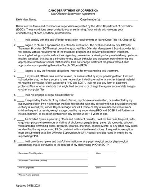 Fillable Online Idaho Department Of Correction Sex Offender Supervision Agreement Fax Email