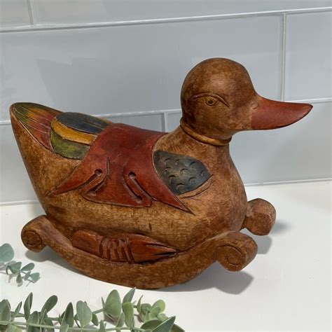 Accents Vtg Carved Wooden Handmade Duck Rocker Rocking Duck Folk Art