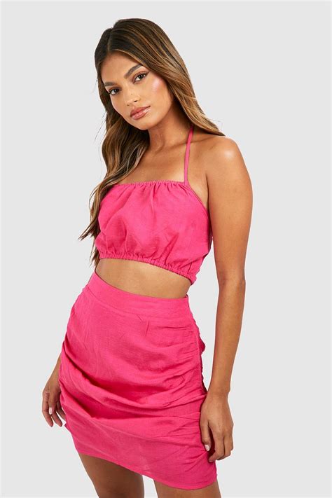 Linen Ruched Halter Neck Bralette And Mini Skirt Boohoo Au