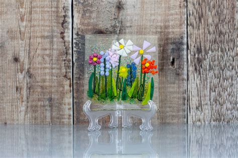 Wild Flower Fused Glass Textured Picture With Wooden Frame Etsy Uk