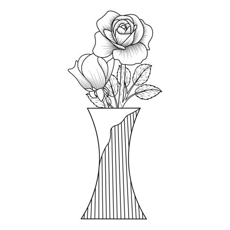 Rose Flower Vase Of Coloring Page Element With Graphic Illustration