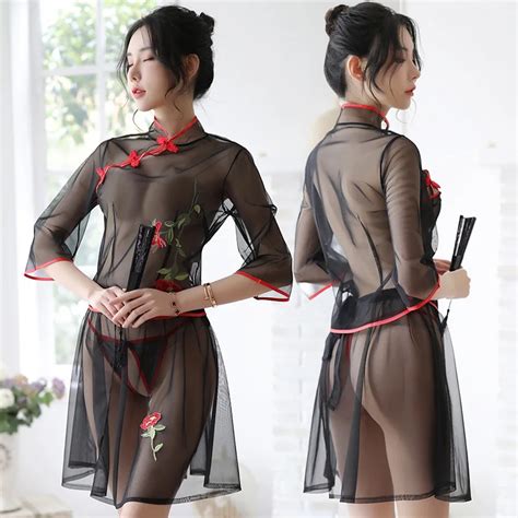 Sexy Lingerie Women Hanfu Embroidered Dress Transparent Gauze Retro