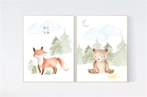 Woodland nursery decor, nursery wall art woodland animals, forest animal prints, gender neutral ...