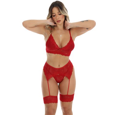 Cinta Liga Conjunto Frimarket Lingerie Vermelho Renda Sem Bojo Compra