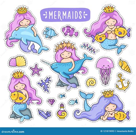 Mermaids Dolphin Narwhal Fish Jellyfish Stock Vector