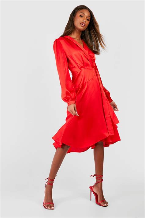 Satin Wrap Detail Midi Skater Dress Boohoo